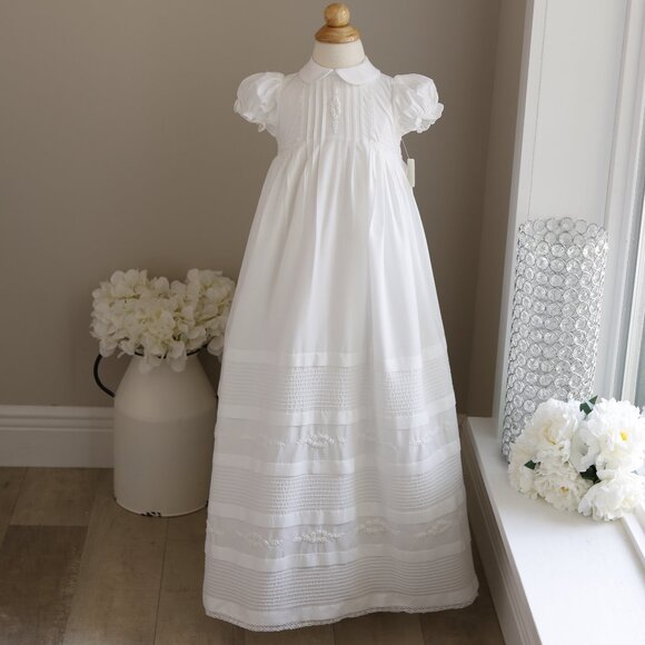 White COTTON Special Occasion Portrait Gown Pearls Crocheted Lace 6/9 Months